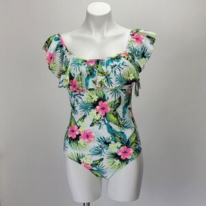 Arizona Jean Co Womens Tropical Floral Ruffle One Piece Swimsuit M